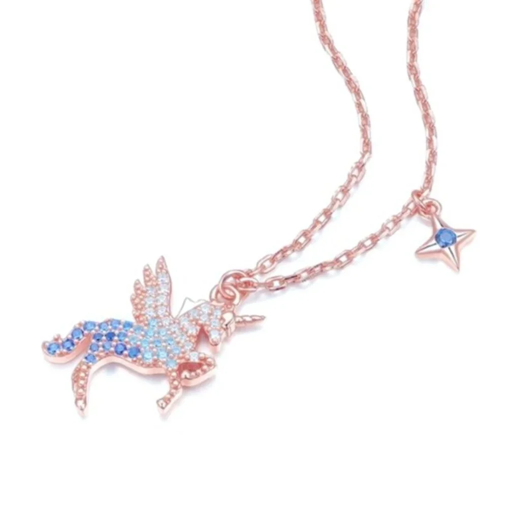 NEW 14k Rose Gold Plated 925 Silver Sapphire Unicorn Necklace